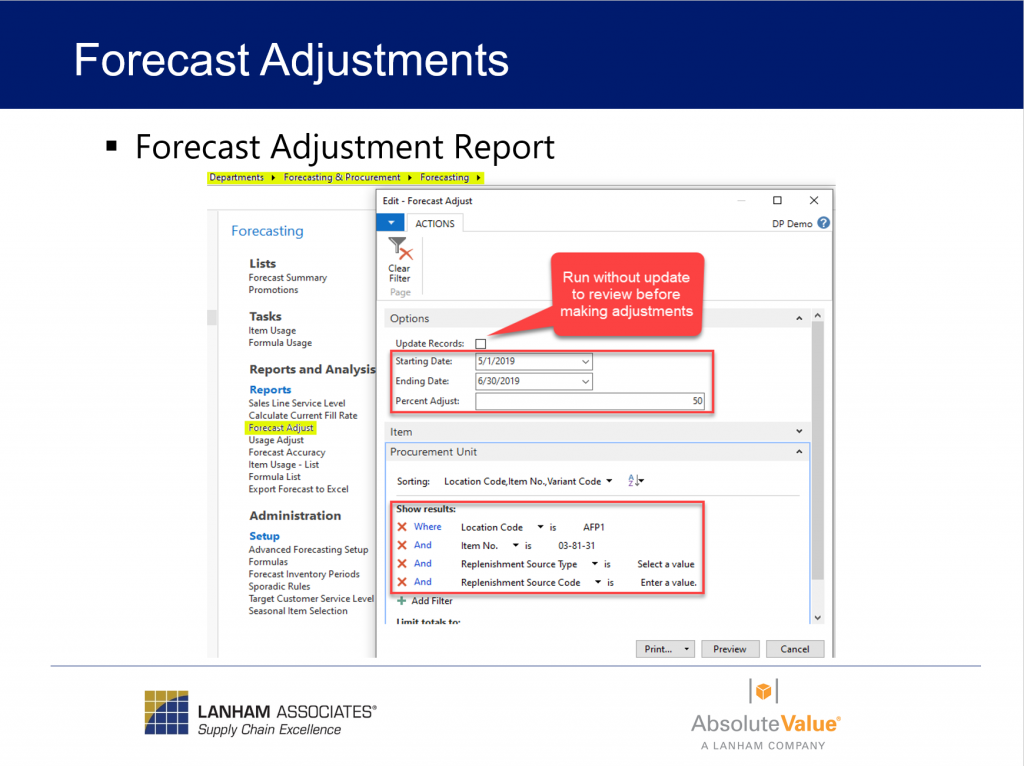 Forecast Adjustments Report